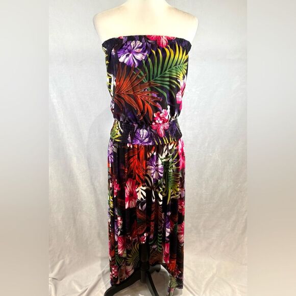 Beautiful tropical floral print smocked strapless maxi dress size medium - Picture 1 of 6